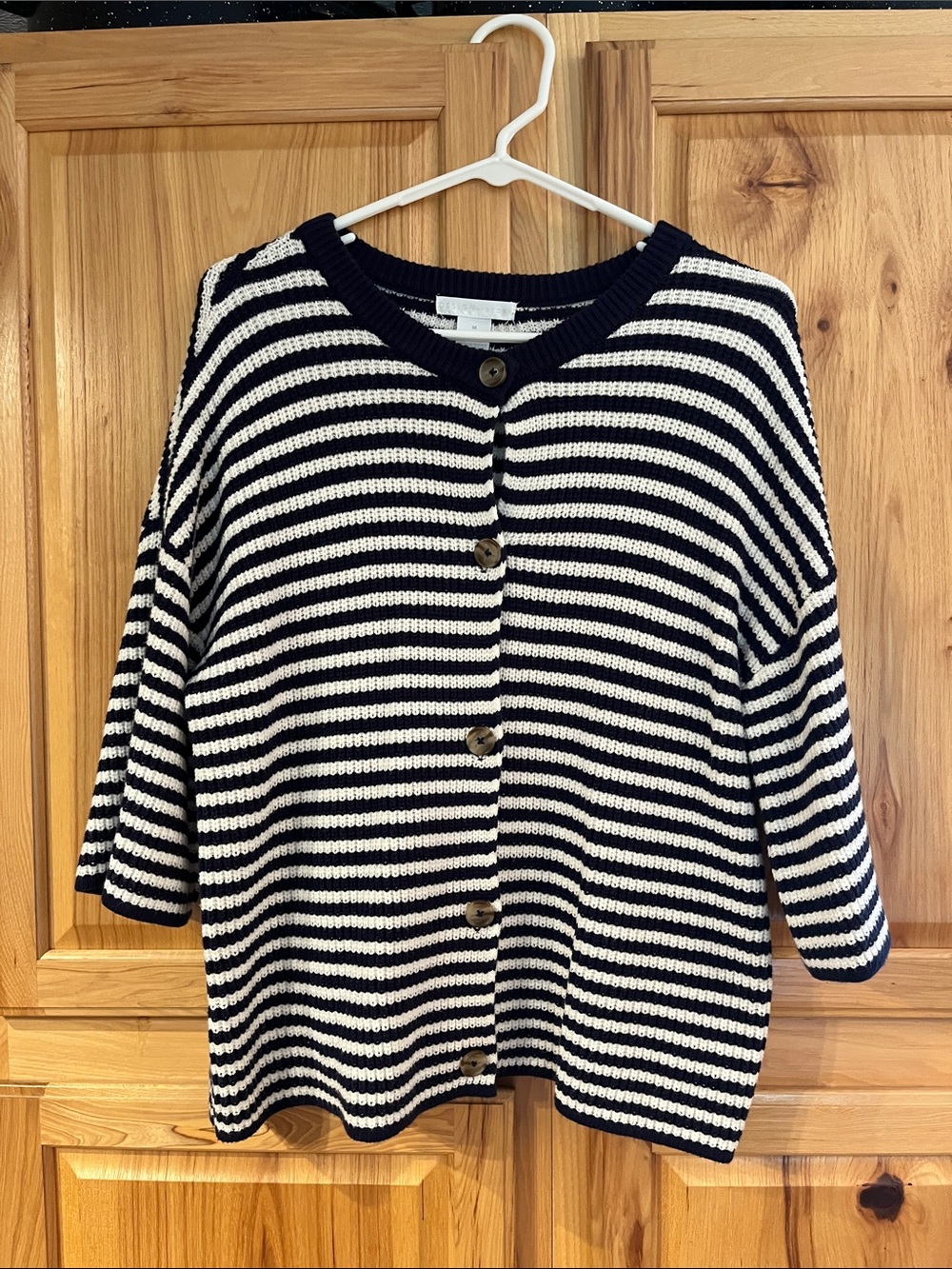 Design History Navy & White Striped Button-Up Cardigan, size M - EUC